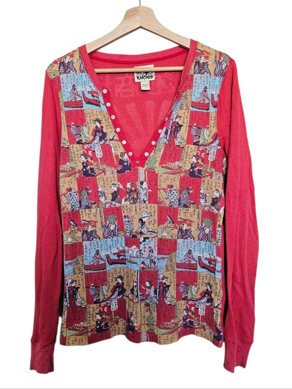 Y2k Vintage Lucky Brand Japanese Geisha Long Sleeve V-Neck Knit Top Flannel